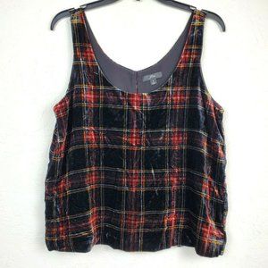 J CREW Womens Velour Tank Top sz 8 Red Black Plaid Sleeveless Blouse